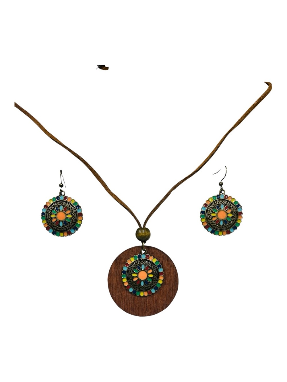 Boho Multicolor Flower Pendant Necklace & Earring Set